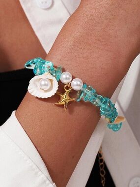 Anthropologie Turquoise Bead & Pearl Shell Bracelet with Gold Starfish